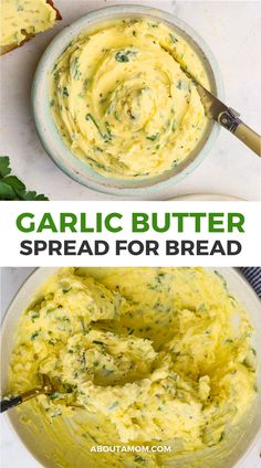 garlic butter spread for bread in a bowl and on a plate with the text garlic butter spread for bread