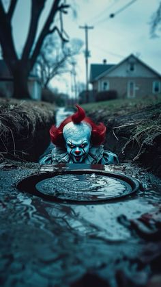 a creepy clown in the middle of a puddle with his head sticking out from it