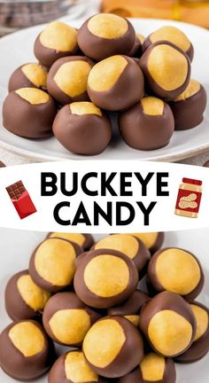 a plate with chocolate covered candy on it and the words buckeye candy above it