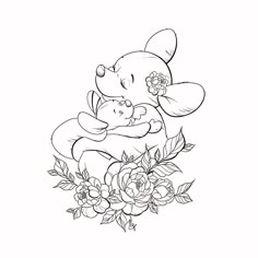 winnie the pooh hugging her teddy bear with flowers on it's chest, in front of a white background