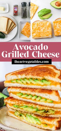 the avocado grilled cheese sandwich is cut in half and stacked on top of each other