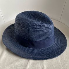 Hat Nwt 74% Paper 26% Poly Casual Blue Fedora With Wide Brim, Casual Blue Wide Brim Fedora, Casual Blue Sun Hat With Short Brim, Casual Adjustable Blue Fedora, Casual Blue Fedora Sun Hat, Casual Blue Fedora Hat, Casual Blue Short Brim Sun Hat, Casual Blue Hat For Travel, Summer Blue Straw Travel Hat