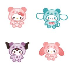 four different colored teddy bears with bows on their heads