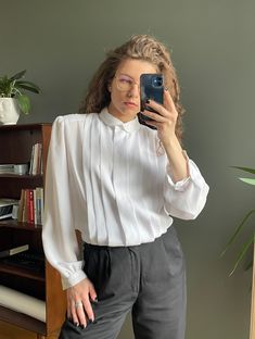 "Vintage 80s pleaded blouse in white, padded, made of polyester, fits XS - M, decorated with stunning elements, collar, button closure, very light, suits for formal and informal events, loose fit, perfect condition Measurements  shoulders 43 cm / 16.9\" sleeve 61 cm / 24\" length 68 cm / 26.8\" bust from armpit to armpit 58 cm / 22.8\"" Fitted White Blouse With Pleated Sleeves, White Pleated Sleeve Blouse For Work, Chic White Pleated Blouse, White Blouse With Pleated Sleeves For Work, White Pleated Sleeves Blouse For Office, Formal White Blouse With Pleated Sleeves, White Pleated Formal Top, White Formal Top With Pleated Sleeves, Formal White Top With Pleated Sleeves