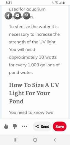 an iphone screen with the text, how to size a luv light for your pond