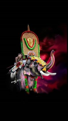 an elephant decorated with colorful decorations on it's back is shown in front of a dark background