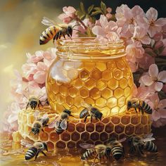 a painting of bees and honeycombs in front of pink flowers on a table