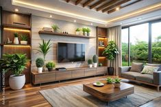 a living room filled with lots of furniture and plants on top of it's shelves