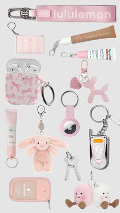 an assortment of items are shown in the shape of a cell phone and keychain