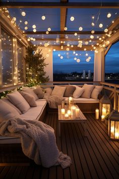 an outdoor living area with lights and pillows