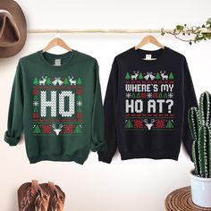 Stay cozy and stylish this holiday season with our unisex heavy blend Christmas sweatshirt. Made from a warm 50/50 cotton-polyester blend, it's perfect for chilly days. The classic fit and ribbed collar ensure lasting comfort and shape, while double-needle stitching adds durability. With no itchy side seams and a tear-away label, this sweatshirt is designed for all-day comfort. Plus, it's crafted using ethically grown US cotton and eco-friendly dyes, making it a sustainable and festive wardrobe Matching Ugly Christmas Sweaters, Couples Christmas Sweaters, Ugly Christmas Sweater Couples, Santas Favorite Ho, Matching Christmas Shirts, Christmas Sweater Party, Christmas Party Shirts, Ugly Christmas Sweaters, Ugly Christmas Sweater Funny