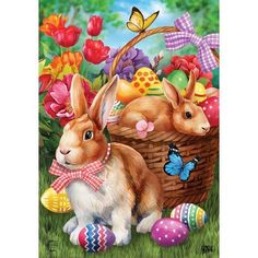 a painting of two rabbits sitting in front of an easter basket with eggs and butterflies