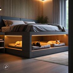 a dog laying on top of a bed in a room with wooden floors and walls