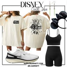 two women wearing disney shirts and shorts, one in white with black lettering on it