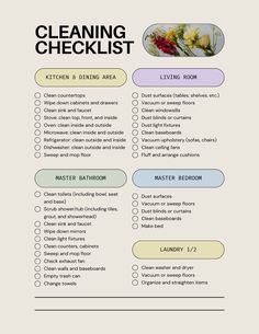 the cleaning checklist is shown in this graphic style, with flowers and other things to do