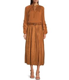 Gibson & Latimer Moonshadow Belted Pleated Midi Skirt | Dillard's Satin Skirt With Elastic Waistband, Silk Pleated Tiered Skirt Dress, Silk Dress With Pleated Tiered Skirt, Silk Flowy Skirt For Fall, Flowy Silk Skirt For Fall, Fall Voluminous Lined Skirt Dress, Fall Voluminous Dress With Lined Skirt, Fall Dress With Voluminous Lined Skirt, Fall Dresses With Lined Voluminous Skirt