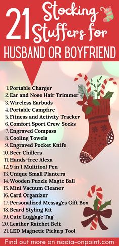 a christmas stocking stuff list with the words, 21 stockings for husband or boyfriend