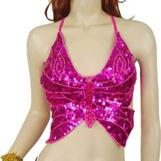 Pink Sequin Butterfly Halter Top Pink Straps Lace Through And Criss Cross On The Back Brand New And Unopened! One Size Fits Most Bellydance Outfit, Butterfly Bra, Backless Cami Top, Butterfly Top, Backless Top, Women Halter, Stage Performance, Dance Costume, Pink Sequin