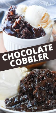 chocolate cobbler dessert with ice cream on the side and text overlay that reads, chocolate cobbler