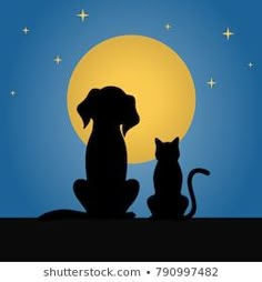 two dogs and a cat sitting in front of the moon