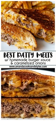 grilled cheese and meat sandwich cut in half on a white plate with the words, the best patty melt