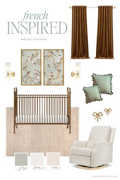 a baby's room with furniture and decor in shades of beige, green, and brown