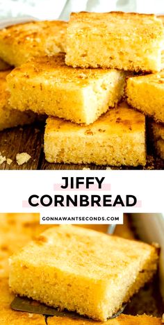 cornbread squares stacked on top of each other with the words jeffy cornbread above them