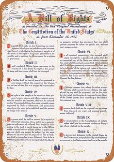 the bill of rights is shown in this old style poster, with an orange border around it