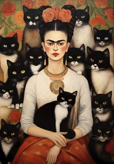 a painting of a woman surrounded by black and white cats