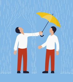 two men shaking hands under an umbrella in the rain, one is holding another man's hand