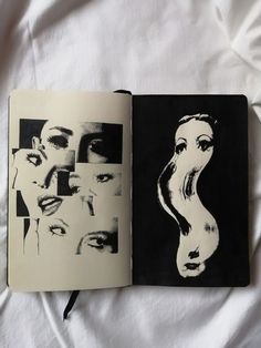 an open book with black and white images on it, next to a drawing of a woman's face