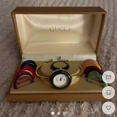 Gucci Vintage Watch Gold Plated With 12 Colors Bezels Gorgeous And Elegant Very Good Condition Like New In Original Box Gucci Gold Bracelet, Gucci Bezel Watch, Vintage Gucci Watch, Bezel Watch, Wolfgang Amadeus Mozart, Amadeus Mozart, Bangle Watches, Gucci Watch, Gucci Jewelry