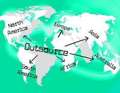 a world map with the words outsource written in black and white on it