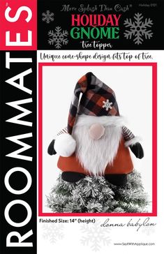 an advertisement for a holiday gnome with snowflakes on the bottom and red trimming