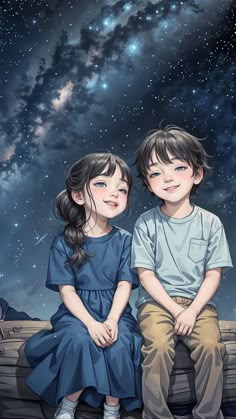 two children are sitting on a bench in front of the night sky