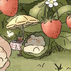 an image of some strawberries and bears in the grass with one bear holding umbrella