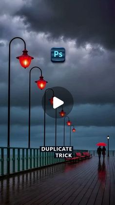 two people walking on a pier with red umbrellas under dark clouds and the words duplicate trick