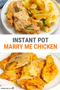 two plates with chicken and pasta on them, one is cooked in the instant pot