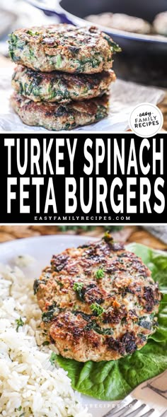 turkey spinach and feta burgers on a plate with rice