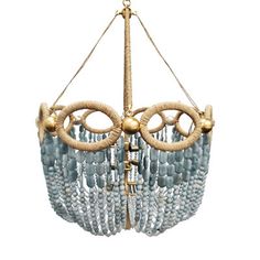 a chandelier with beads hanging from it's sides and two rings at the bottom