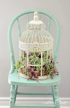 a birdcage filled with plants sitting on top of a blue chair