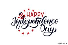 happy independence day lettering with stars and fireworks on white background for greeting card or poster