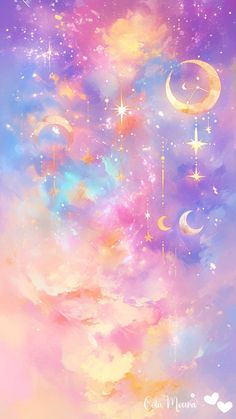 an abstract painting with stars, moon and crescents in the sky on a pastel background