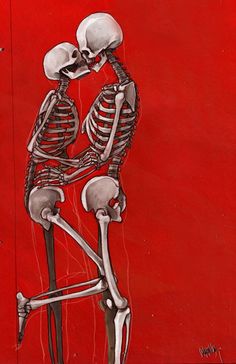 a painting of two skeletons sitting next to each other on a red background with black and white lines