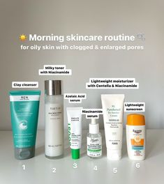 Morning skincare routine for oily skin types with clogged & enlarged pores 🫧✨☀️  A very easy routine to copy to improve these specific skin concerns with lots of products formulated with Niacinamide 🫶🏼 in this routine, the clay cleanser is crucial to unclog the pores by massaging your face with it for at least 1min to properly decongest the clogged pores 💪🏼 Azelaic Acid will also help with the clogged pores situation 🥰 Skin Care Routine Clogged Pores, Skin Care Routine For Large Pores, Clogged Pores Skincare, Skincare Routine For Oily Skin, Easy Routine, Routine For Oily Skin, Morning Skincare Routine, Oily Skin Care Routine, Cleanser For Oily Skin