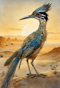 a painting of a bird standing in the desert