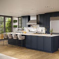 a large kitchen with blue cabinets and white counter tops is pictured in this rendering image