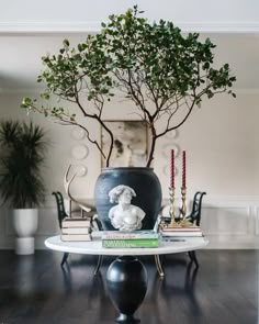 a table topped with books and a potted plant