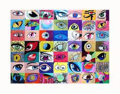 an art work with many different colored eyes and shapes on the square pattern, including one eye