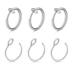 six pairs of silver hoop earrings, each with an open nose and two small round hooks